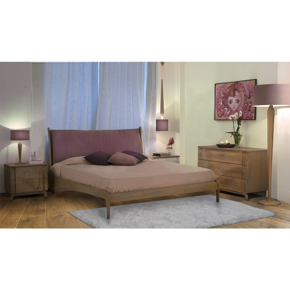 Lit double Fiori di Loto en bois de chêne, panneau de tête de lit en contreplaqué plaqué chêne