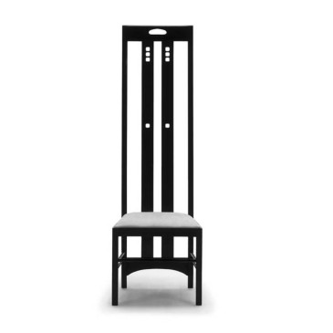 Riroduzione sedia Ingram di Mackintosh in frassino laccato a poro aperto nero, seduta in pelle o tessuto vari colori