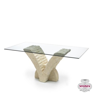 Mesa de jantar Papillon com tampo de vidro de 12 mm de espessura e base de pedra fóssil