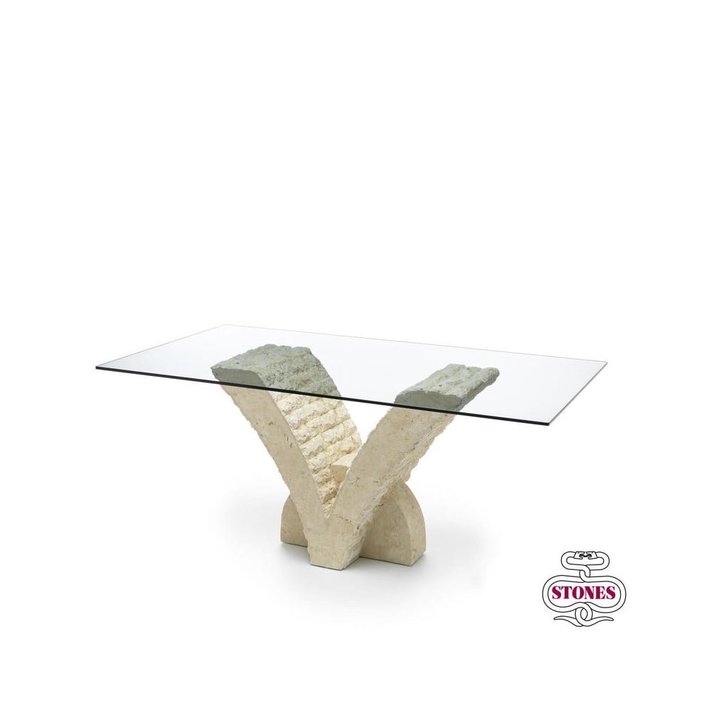 Table à manger Papillon avec plateau en verre épaisseur 12 mm et base en pierre fossile