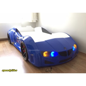 Car bed MZ ECO-1 with structure in mdf wood and covered in abs. Lights in the headlights and wheels with remote control and 4 so