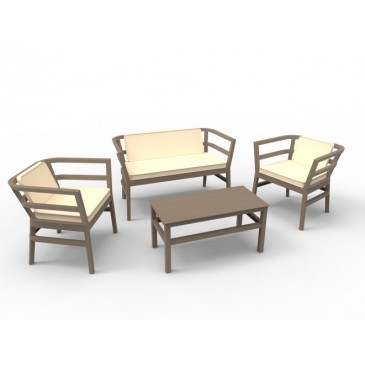 Set Click Clack pour extérieur en polypropylène comprenant 1 canapé double, 2 fauteuils, 1 table et 3 coussins.