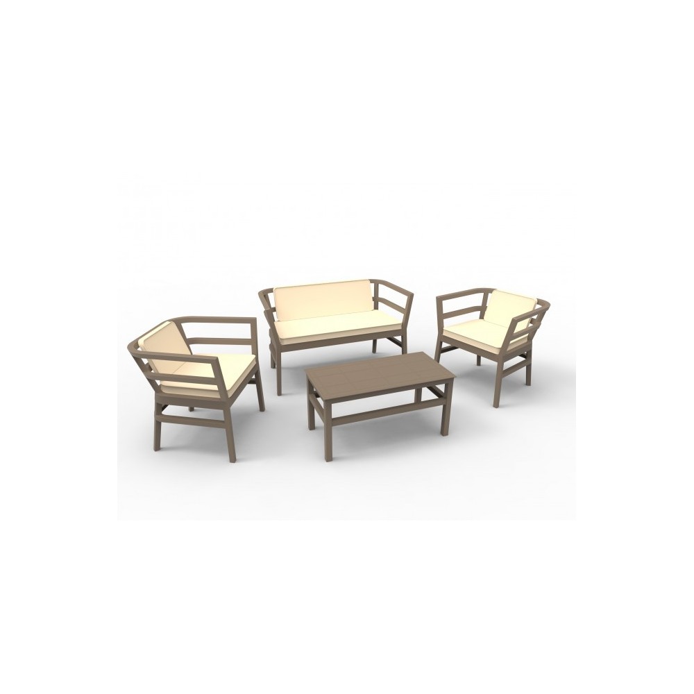 Click Clack set voor buiten in polypropyleen inclusief 1 tweepersoonsbank, 2 fauteuils, 1 tafel en 3 kussens.