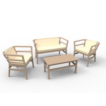 Polypropylen Click Clack sæt til udendørs inklusiv 1 dobbelt sofa, 2 lænestole, 1 bord og 3 hynder.