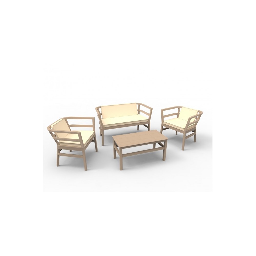Click Clack set voor buiten in polypropyleen inclusief 1 tweepersoonsbank, 2 fauteuils, 1 tafel en 3 kussens.