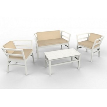 Click Clack-Set für den Außenbereich aus Polypropylen mit 1 Doppelsofa, 2 Sesseln, 1 Tisch und 3 Kissen.