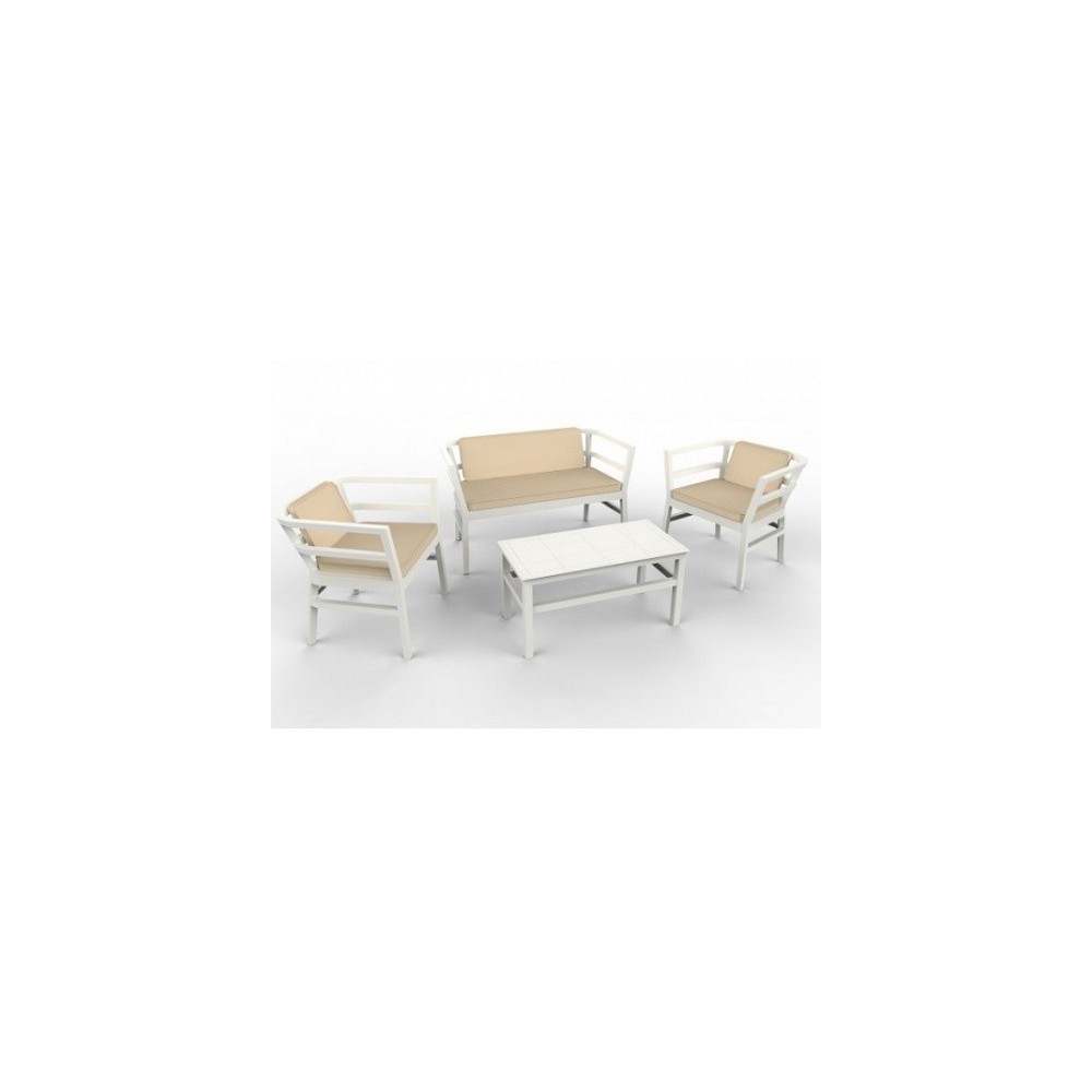 Click Clack-Set für den Außenbereich aus Polypropylen mit 1 Doppelsofa, 2 Sesseln, 1 Tisch und 3 Kissen.