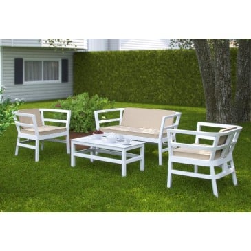 Click Clack set for outdoor in polypropylene including 1 double sofa, 2 armchairs, 1 table and 3 cushions.