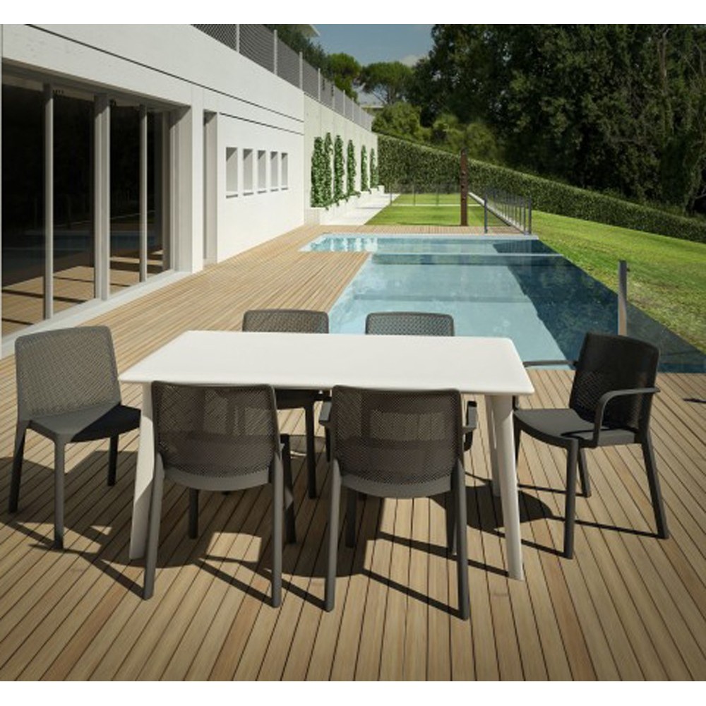 New Dessa outdoor table with steel structure and polypropylene top available in 2 sizes
