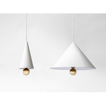 Cherry suspension lamp in aluminum with gold-colored plexiglass pendant. Available in two sizes