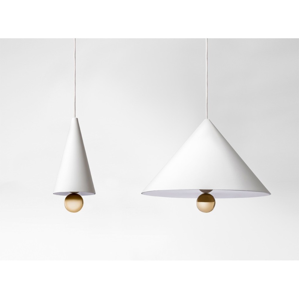 Cherry suspension lamp in aluminum with gold-colored plexiglass pendant. Available in two sizes