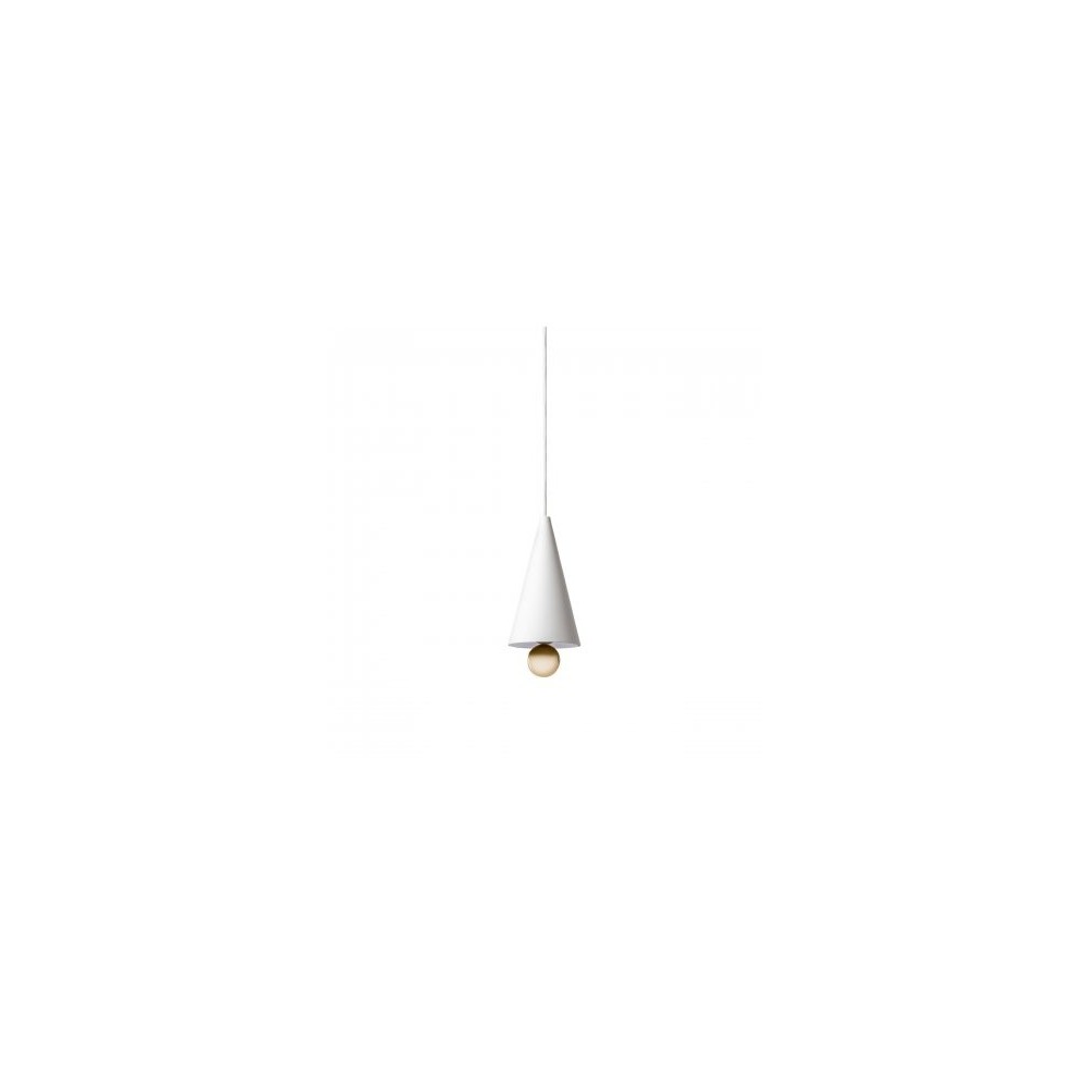 Kersen hanglamp in aluminium met goudkleurige plexiglas hanger. Verkrijgbaar in twee maten