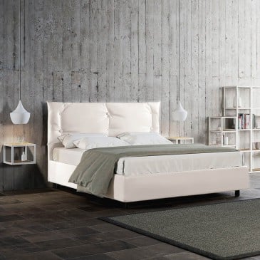 Alberta double bed with wooden frame and covered with imitation leather in the version with or without storage. Network included