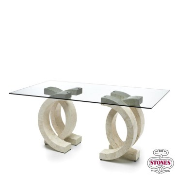 Olimpia fixed table with transparent glass top and fossil stone structure