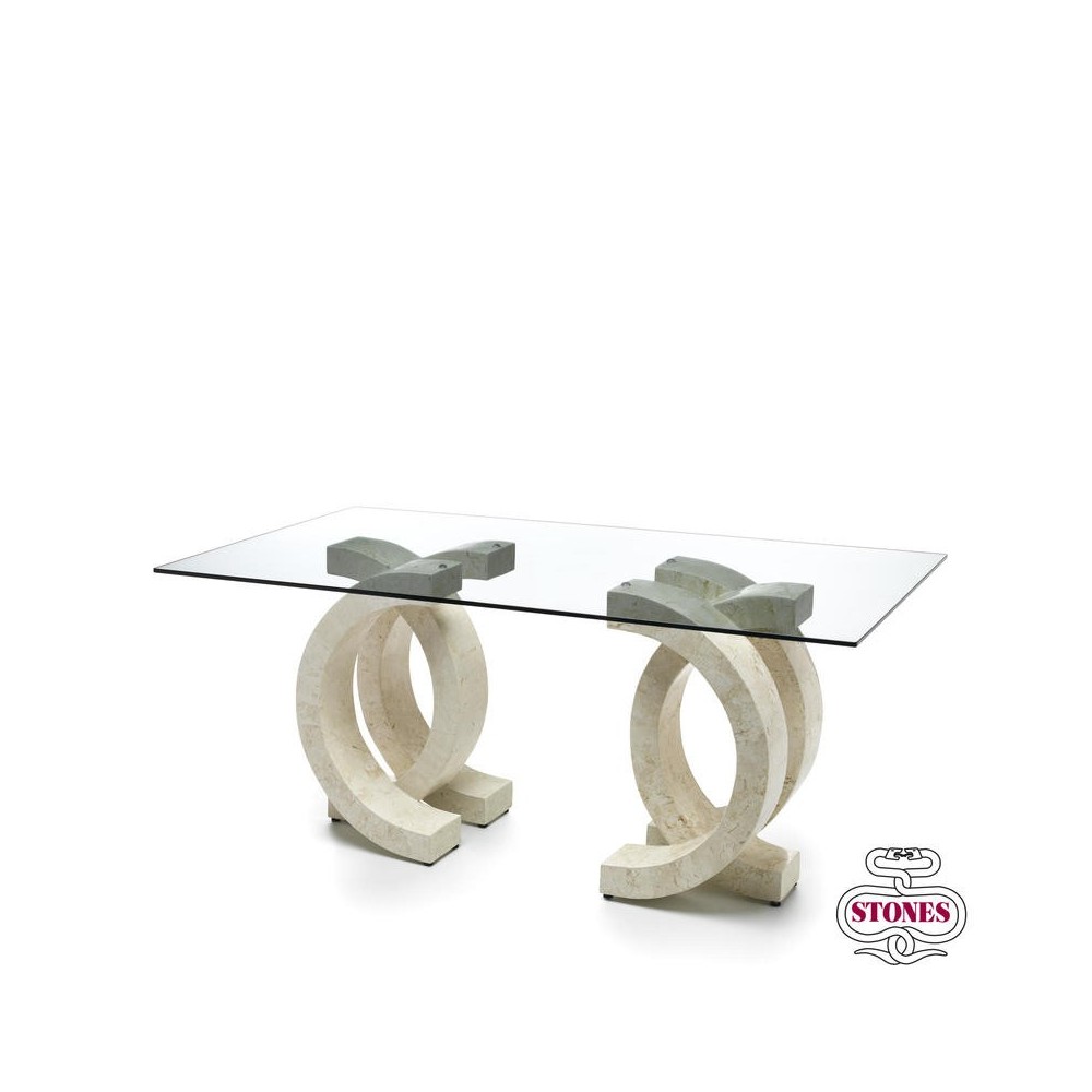 Olimpia fixed table with transparent glass top and fossil stone structure