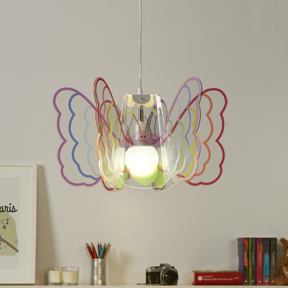 Butterfly suspension lamp in methacrylate and painted metal structure with E 27 lamp base