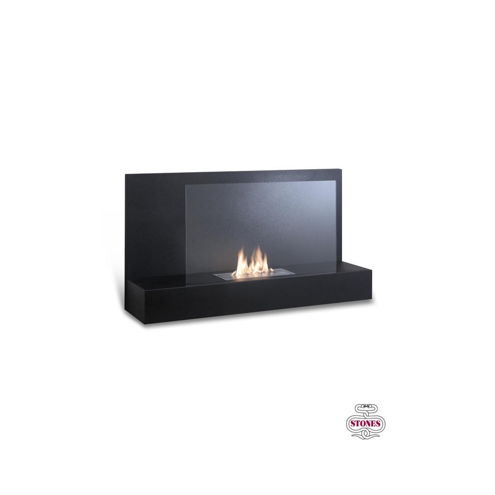 stones Bmovie wall fireplace in black metal and tempered glass. Burner with flame control