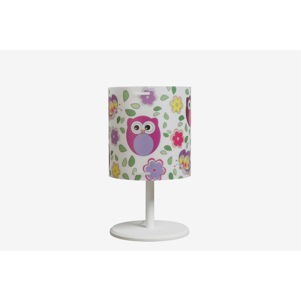 Cylinder table lamp with cute owls depicted on the lampshade and E 14 max 28 watt lamp