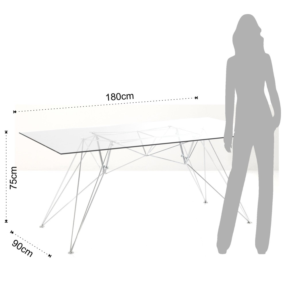 Table fixe Spillo de Tomasucci avec structure en métal chromé et plateau en verre trempé transparent