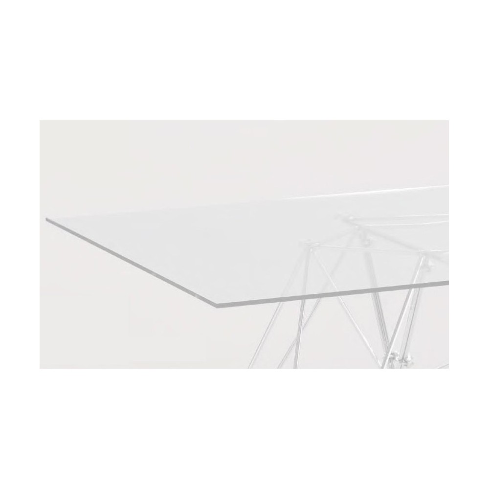 Tavolo fisso Spillo di Tomasucci con struttura in metallo cromato e piano in vetro temperato trasparente