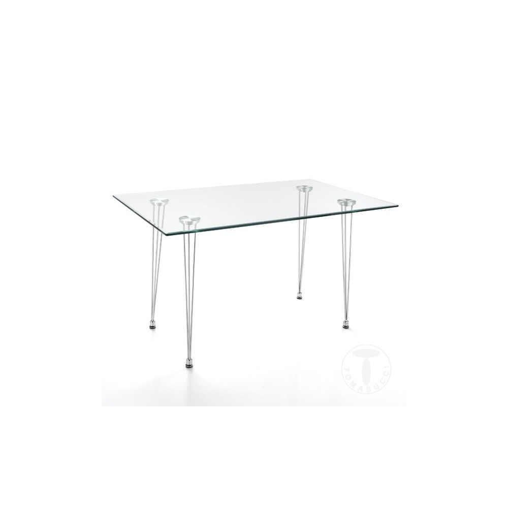 Table fixe Matra de Tomasucci avec structure en métal chromé et plateau en verre trempé