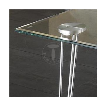 Tavolo fisso Matra di Tomasucci con strutturain metallo cromato e piano in vetro temperato