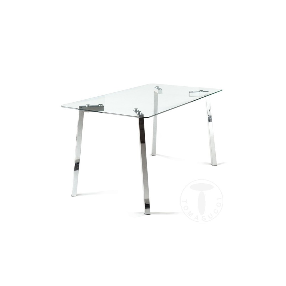 Table fixe Kirk de Tomasucci avec structure en métal chromé et plateau en verre trempé