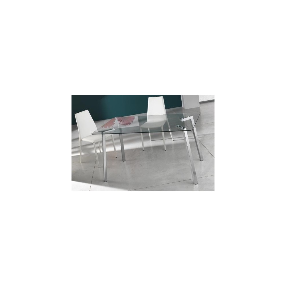 Table fixe Kirk de Tomasucci avec structure en métal chromé et plateau en verre trempé