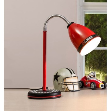 Flexibele racer-tafellamp, rode kleur met decoraties die herinneren aan de wereld van motoren