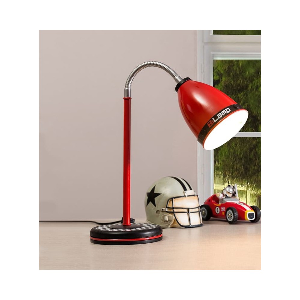 Lampe de table rouge Racer avec abat-jour flexible, avec motif à carreaux.