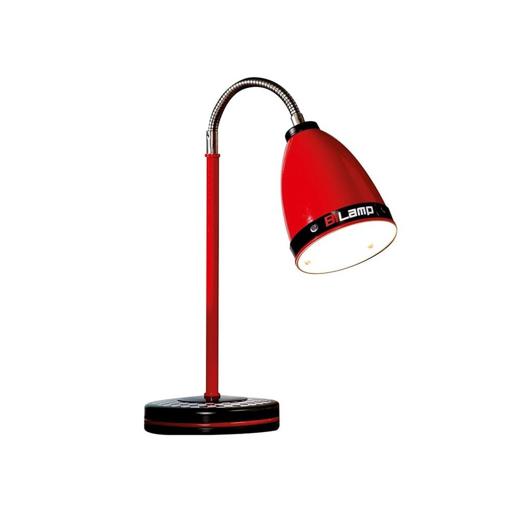 Racer rød bordlampe med fleksibel lampeskjerm, med rutemønster.