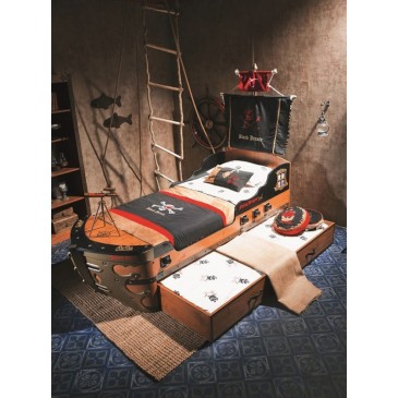 Pirate Ship II Bett aus laminiertem Holz und Bauchmuskeln, mit der Möglichkeit, die Bettschublade für Gäste hinzuzufügen