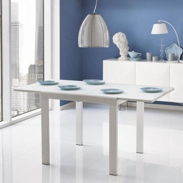Square Banner Uno Tisch, ausziehbar bis 163 cm, mit Metallrahmen und farbiger Platte aus gehärtetem Glas