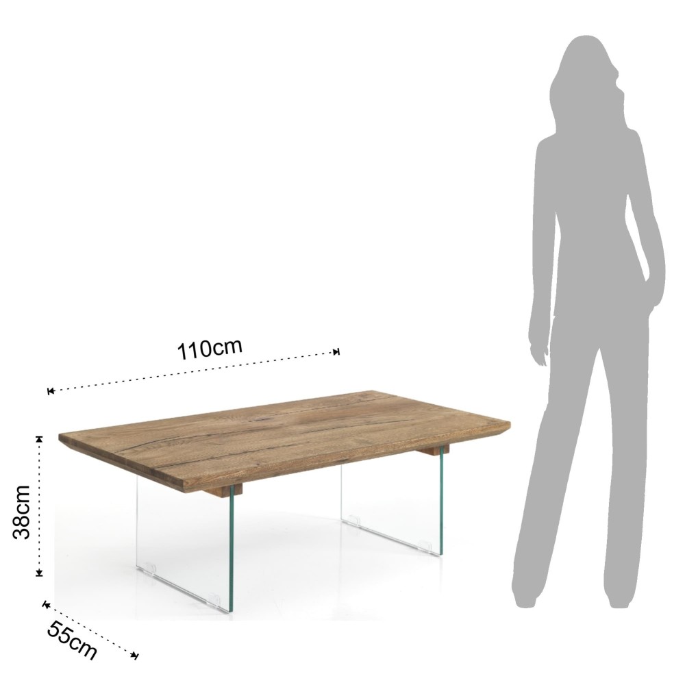 Flytende røykebord med glassføtter og massiv eikeplate.