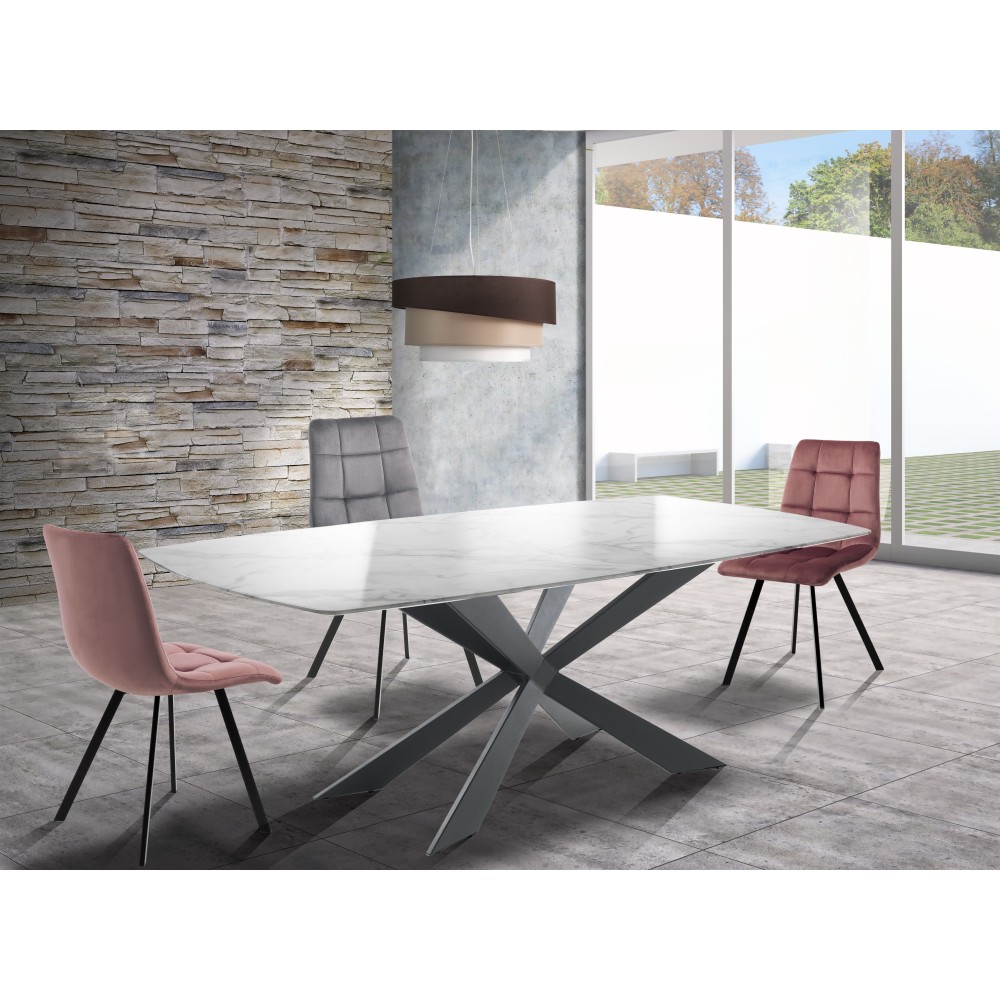 Tips fast bord med skiva i marmoreffekt och mattsvart metallunderrede