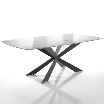 Table Tips avec plateau effet marbre et piètement en métal noir mat