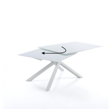 Table extensible Shanghai de Tomasucci avec plateau en verre blanc et pieds blancs opaques