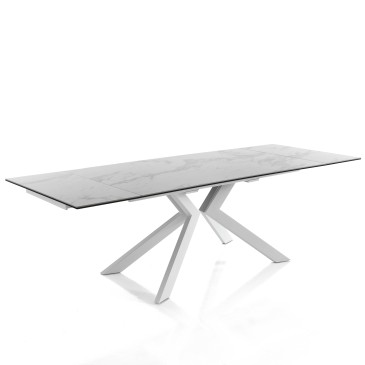 Tips Evolution Marble jatkettava Tomasuccin pöytä, jossa valkoinen metallirakenne ja lasi/keraaminen kansi