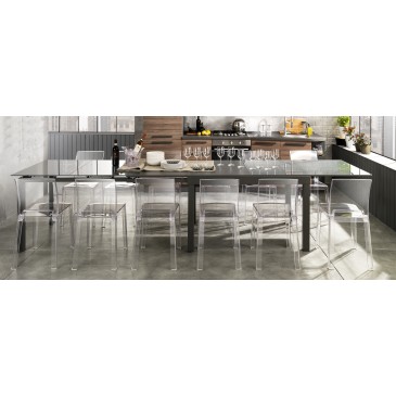 Long extendable table by Tomasucci in metal with glass and wooden extensions available in three different finishes