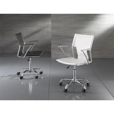 Lynx office armchair with chromed metal frame and upholstered in black or white synthetic leather