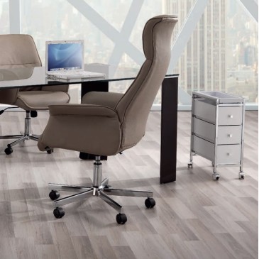 Penty office armchair by Tomasucci with chrome frame on wheels and available in dove gray synthetic leather finish