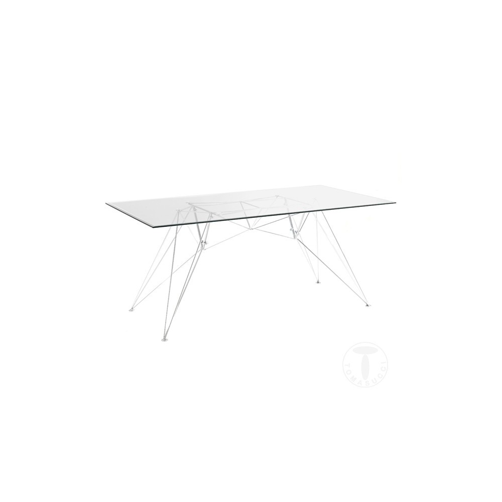 Spillo desk with tempered glass and chromed metal structure.