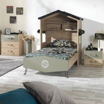 Bed with House-Shaped Headboard, military style