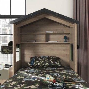 Bed frame with headboard in the shape of a house