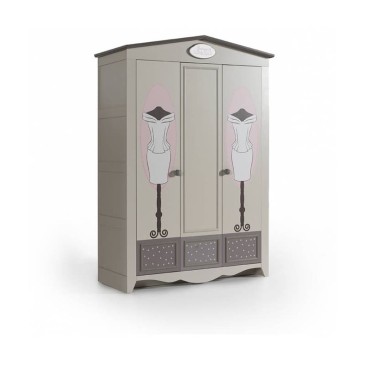 Jolie armoire à 3 portes, couleur colombe avec décorations imprimées