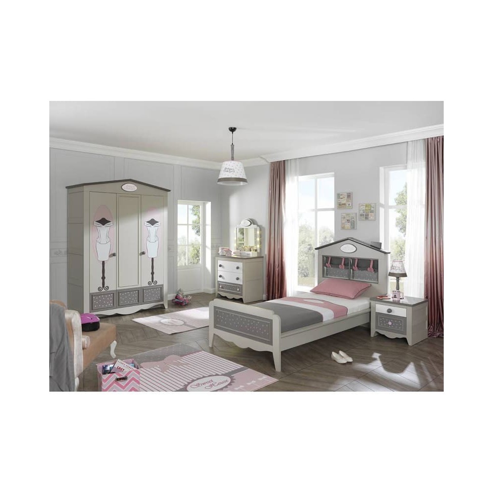 Bonito armario con espejo ovalado. Con adornos rosas, para dormitorios.