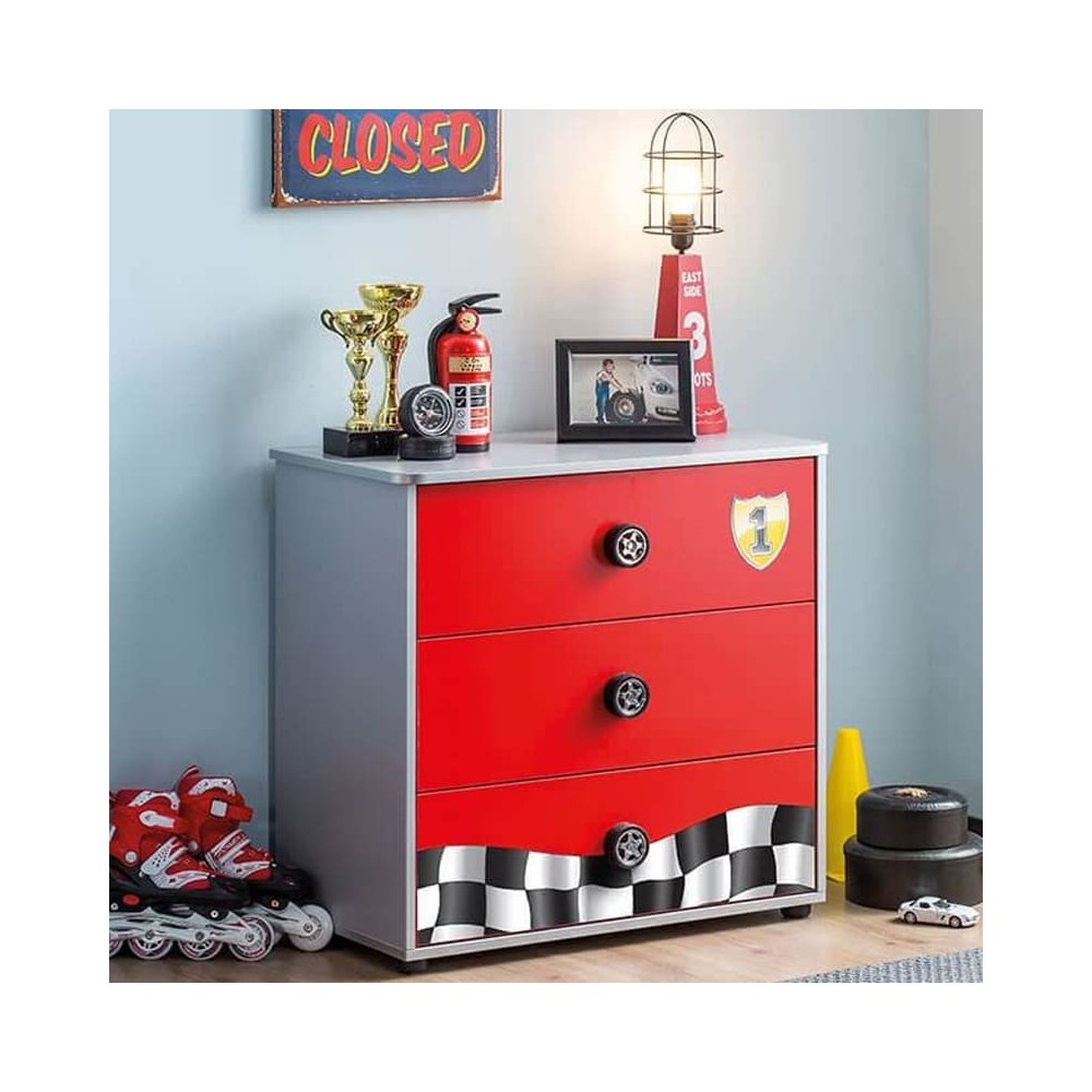 Turbo dressoir in rood of wit met geblokte vlag en F1-logo.