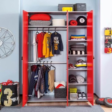Turbo wardrobe in wood with 3 doors, available in red color