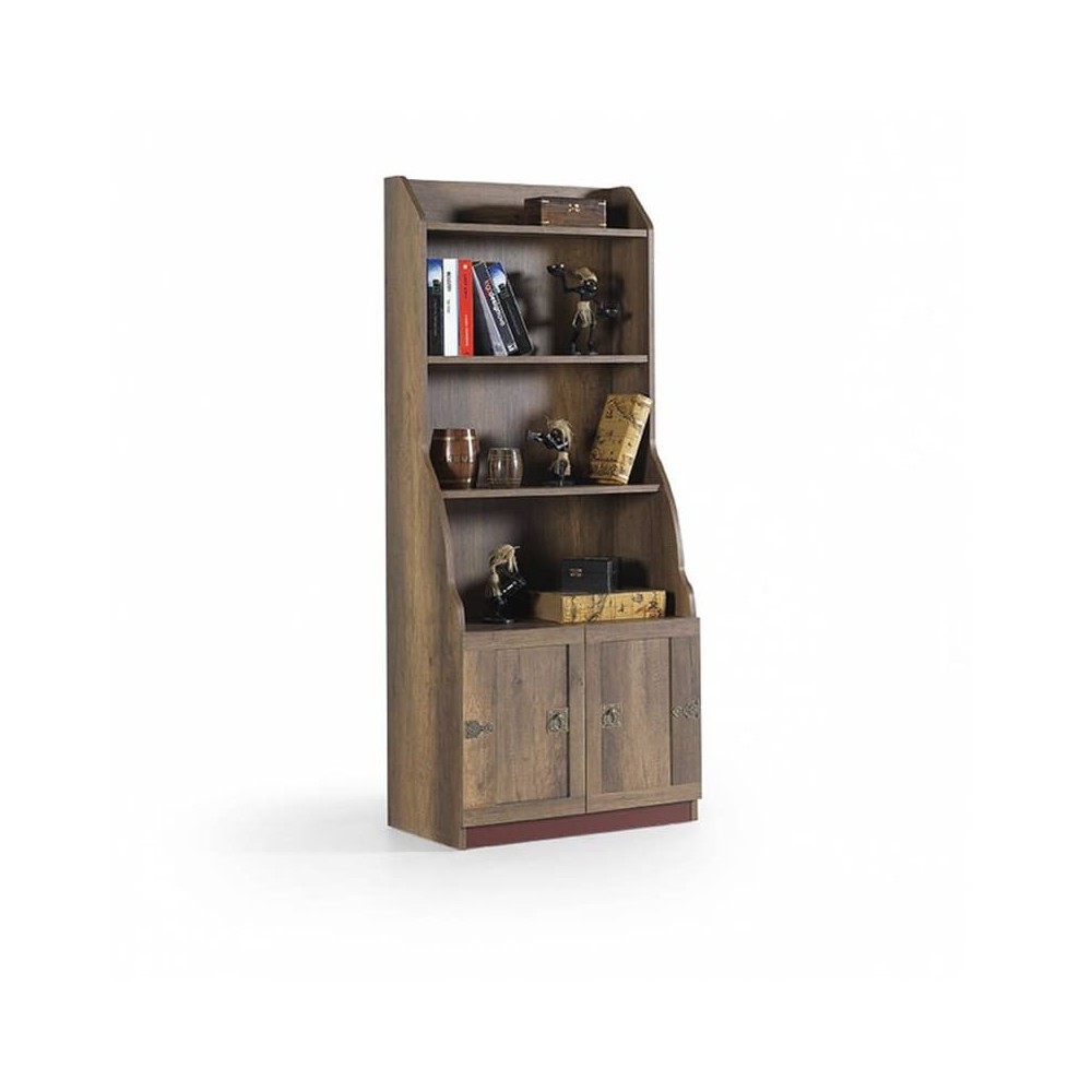 Bibliothèque de pirate en bois, adaptée à une chambre d'enfant.