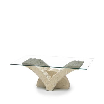 Papillon salontafel met glazen blad en onderstel van fossiele steen